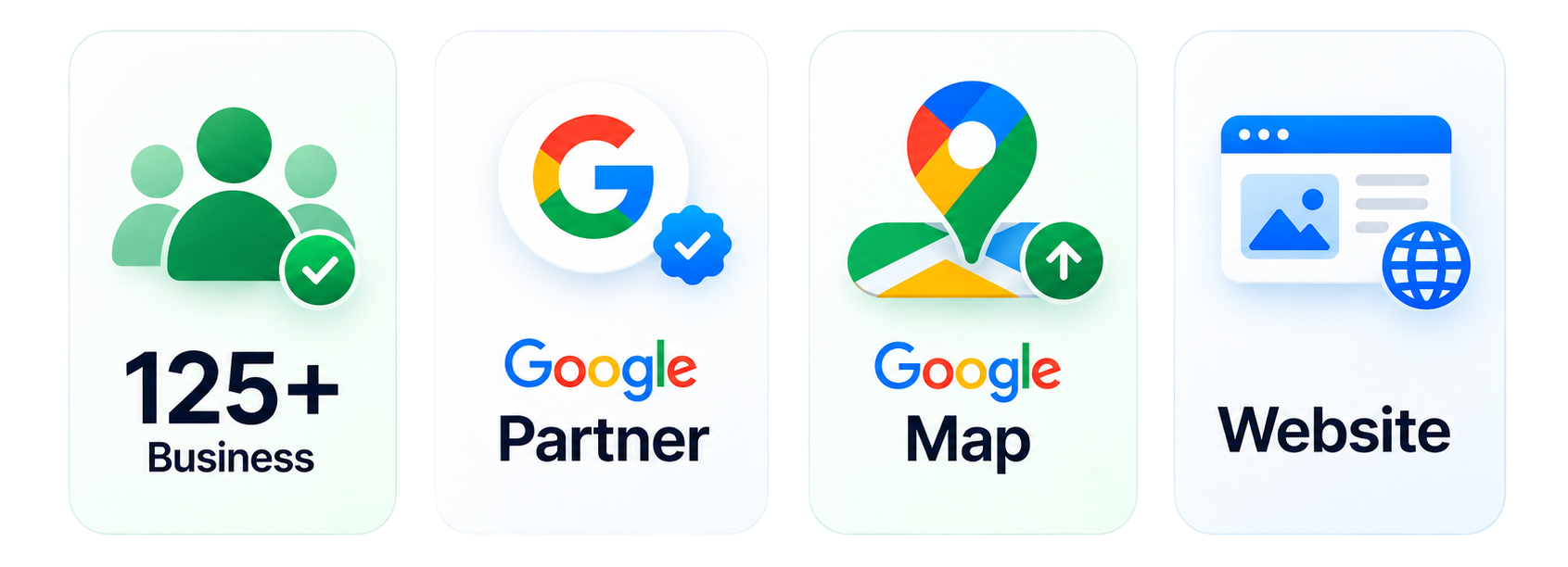 125+ Businesses, Google Partner, Google Maps, Website